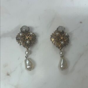 Signed West German Elegant Gold and Pearl Drop Earrings